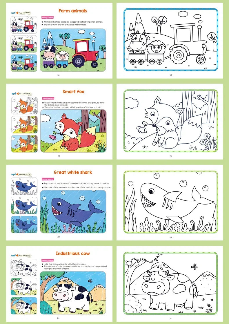 A page from a cartoon animal coloring book showing various animals like farm animals, a fox, a shark, and a cow.