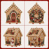 A set of DIY pearl art Christmas cottage ornaments featuring detailed wooden structures and festive holiday decorations.