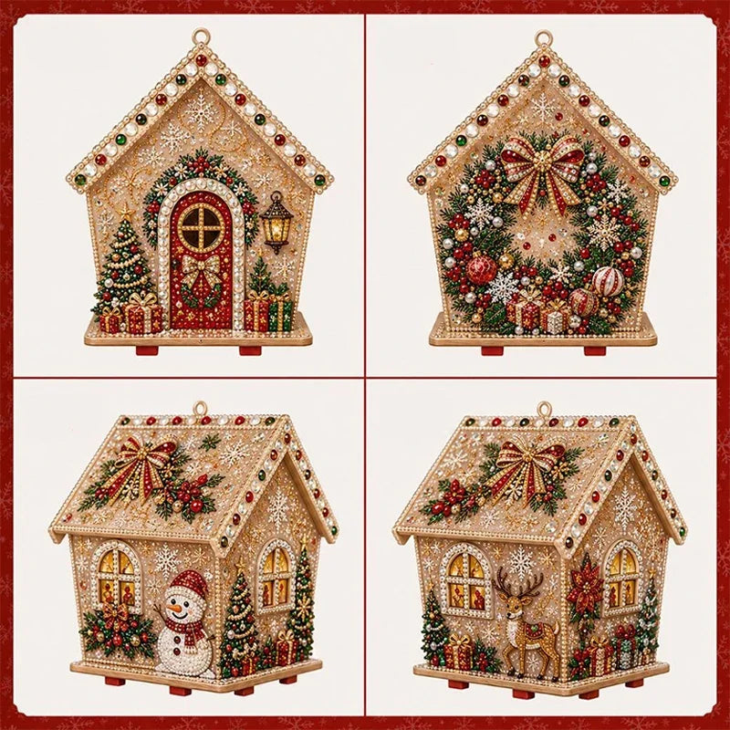 A set of DIY pearl art Christmas cottage ornaments featuring detailed scenes and festive decorations.