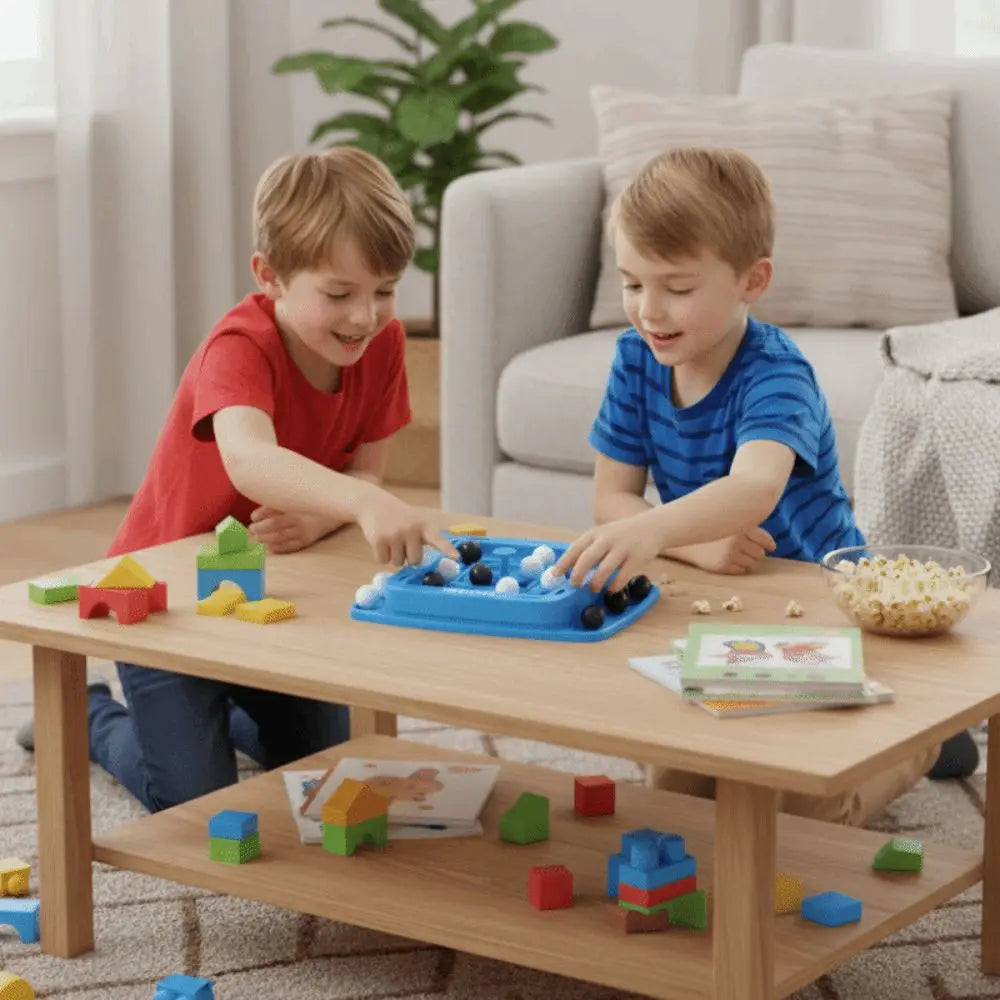 Two young boys play with a wooden four-in-a-row strategy board game on a light wood table.
