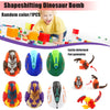 A set of shapeshifting dinosaur bomb toys in various colors and forms, including eggs and dinosaur figures.