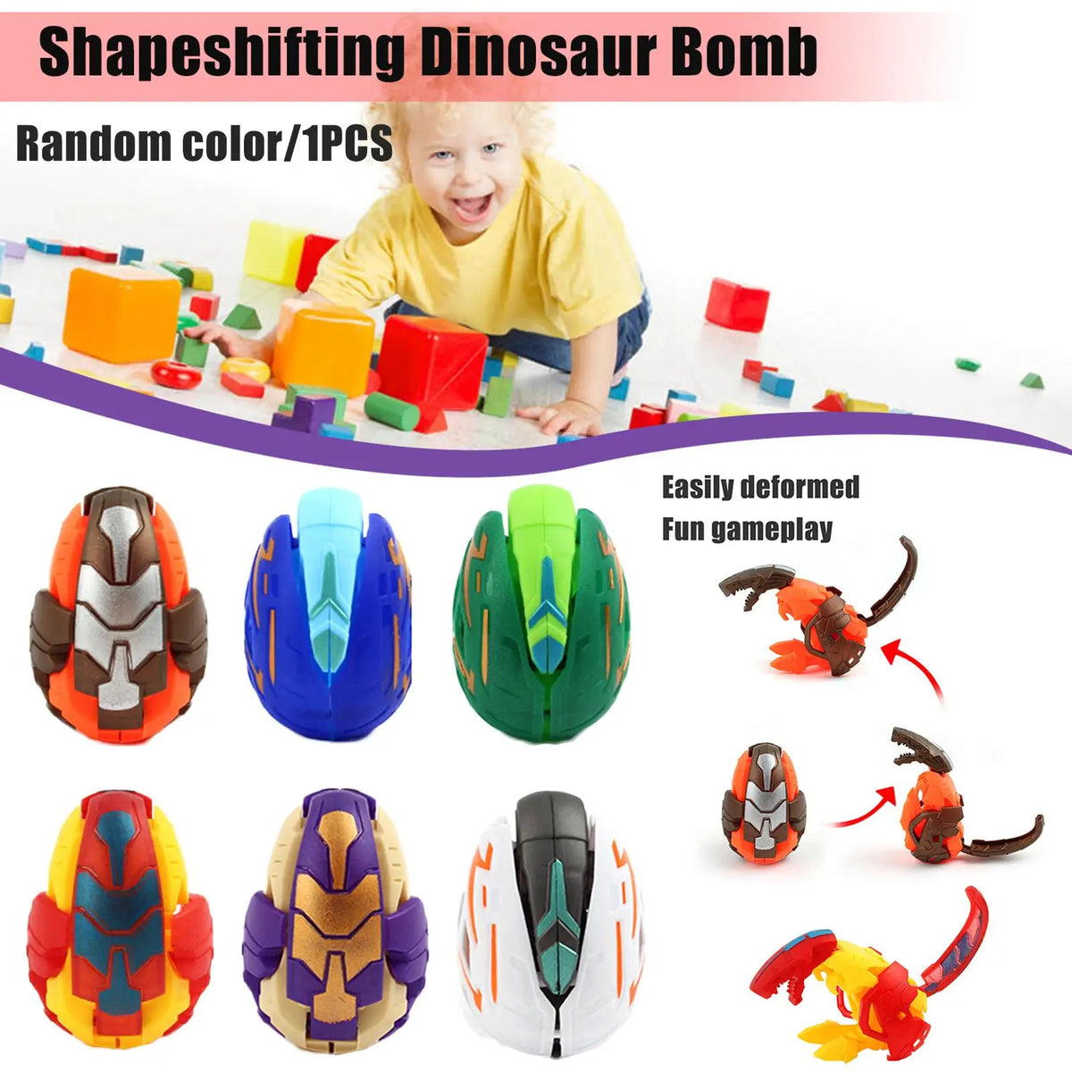 A set of shapeshifting dinosaur bomb toys in various colors and forms, including eggs and dinosaur figures.