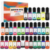 A collection of 30 colors of resin dye pigment in small glass bottles for crafting.