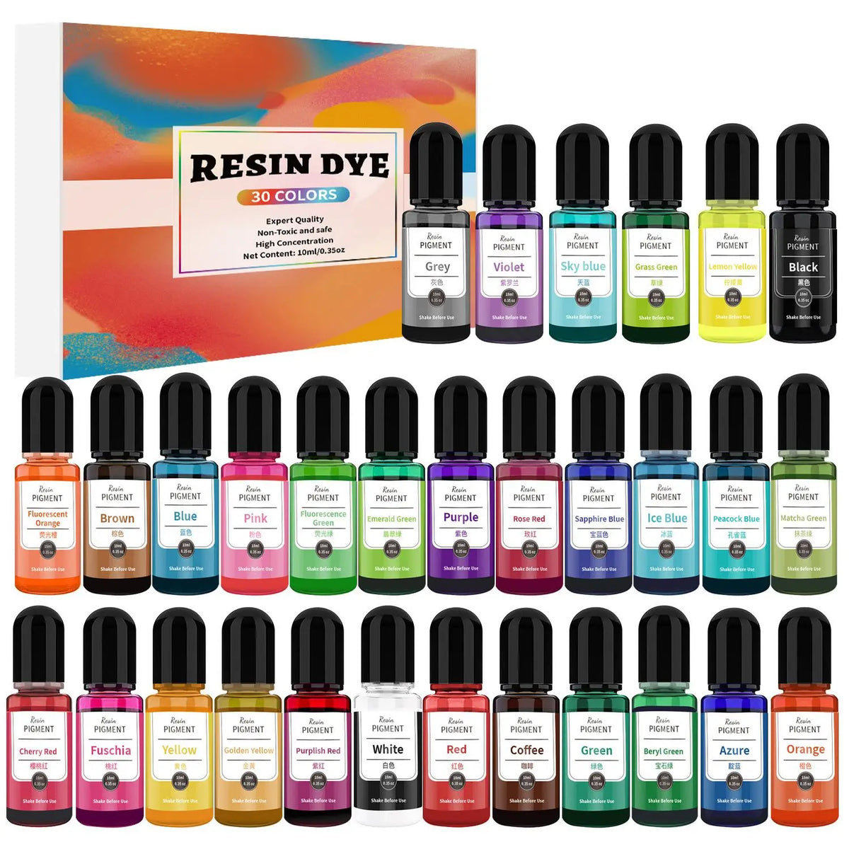 A collection of 30 colors of resin dye pigment in small glass bottles for crafting.