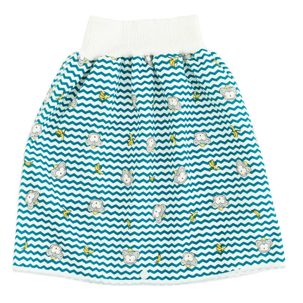 Blue and white patterned waterproof baby diaper pants with a skirt for potty training
