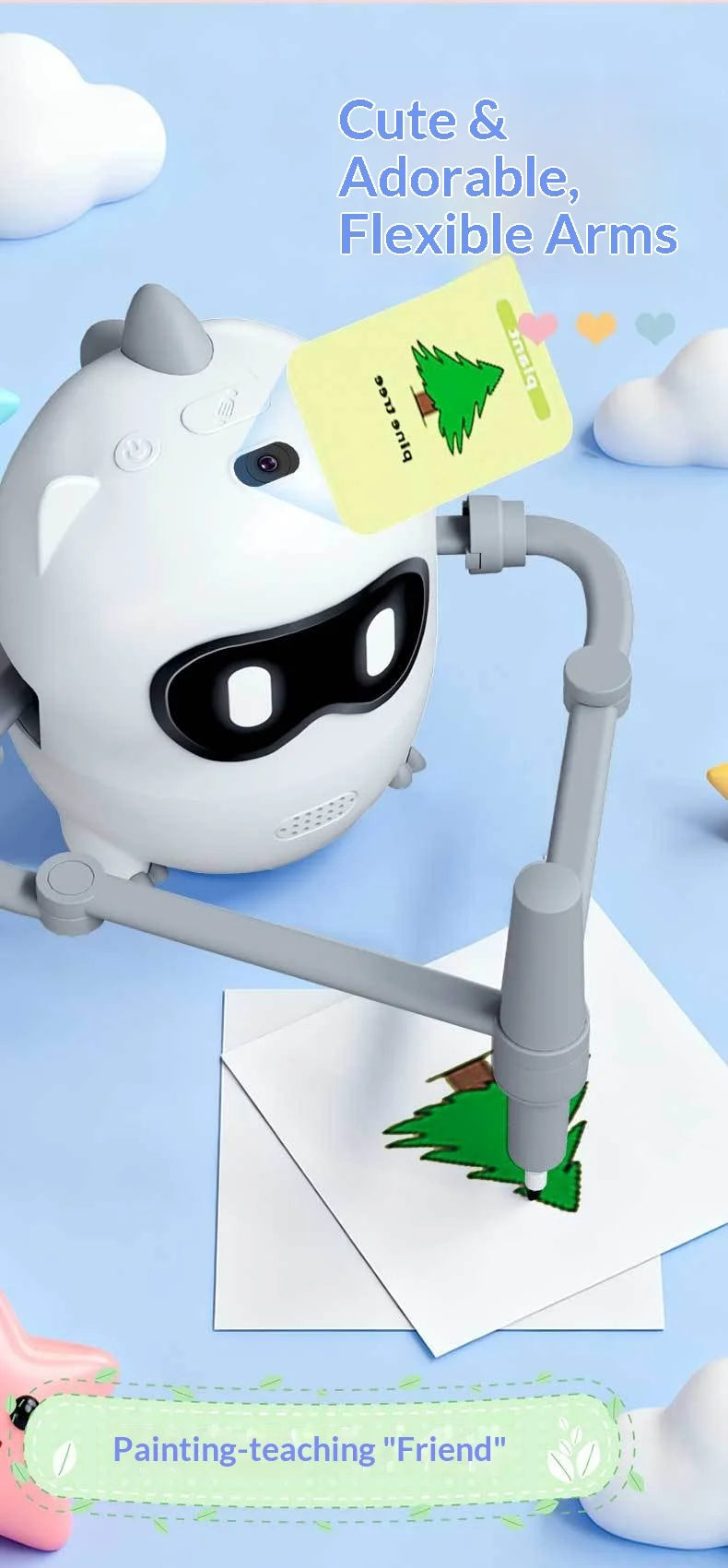 A white dinosaur robot with flexible arms is shown drawing a green tree on a piece of paper.