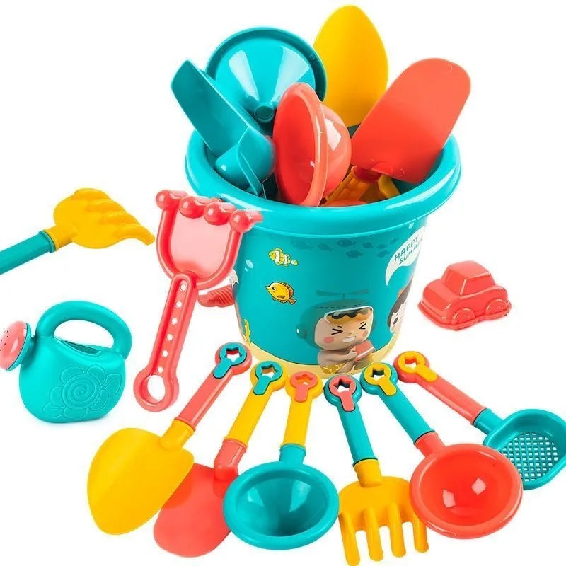 A collection of 18 plastic beach sand toys including shovels, scoops, and other tools in various colors like yellow, orange, 