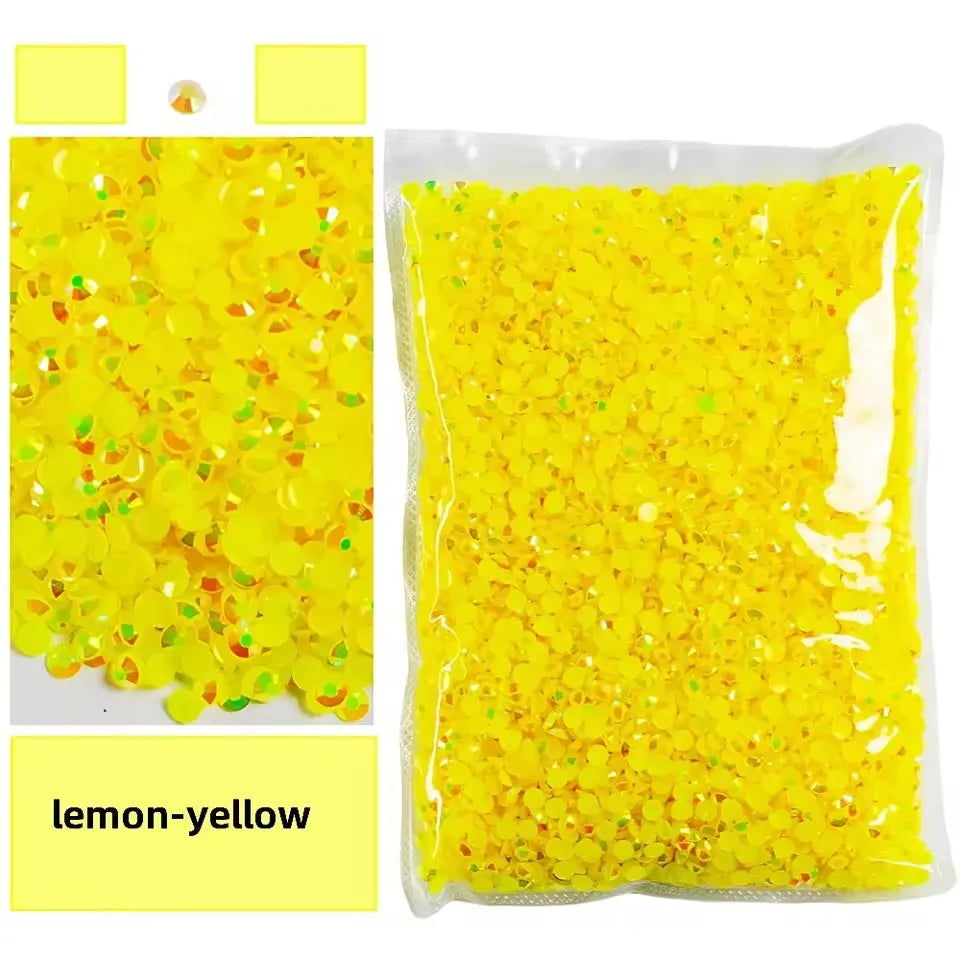 Bag of lemon-yellow AB-coated flat back resin rhinestones for crafts and DIY projects