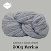 A ball of light gray Merino wool yarn for knitting, crocheting, and spinning.