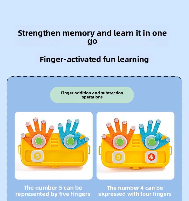 A set of finger-activated fun learning toys showing how the number 5 is represented by five fingers and the number 4 is expre