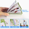 A hand holds a stack of green English flashcards showing removable buckles, fillet cutting, and HD images.