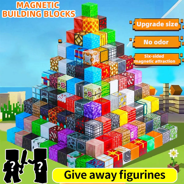 A tower of colorful magnetic building blocks stacked on a green surface with a sea background.