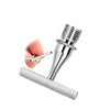 A stainless steel diamond painting pen with a threaded tip is held by a finger.