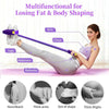 Purple resistance band kit demonstrating full-body exercises targeting the arm, chest, legs, abdomen, and buttocks.