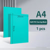 A stack of A4 size soft PVC carving blocks in teal color with dimensions marked.