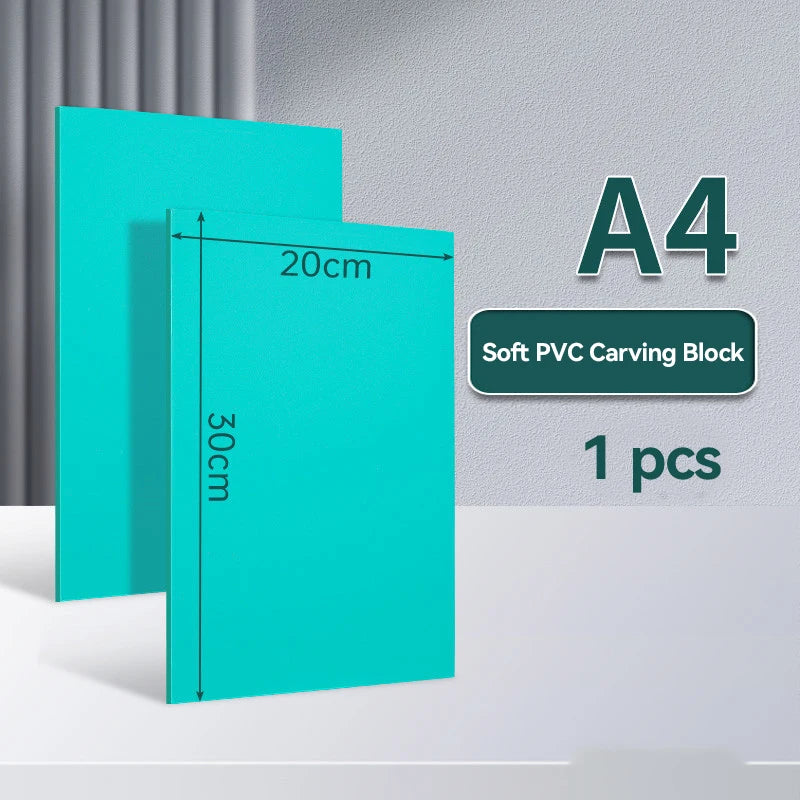 A stack of A4 size soft PVC carving blocks in teal color with dimensions marked.