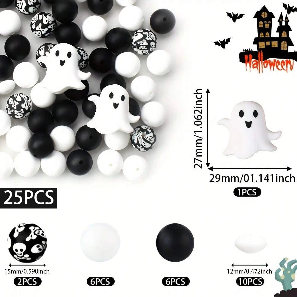 A set of 25 silicone Halloween beads in various colors and shapes for jewelry and crafting.