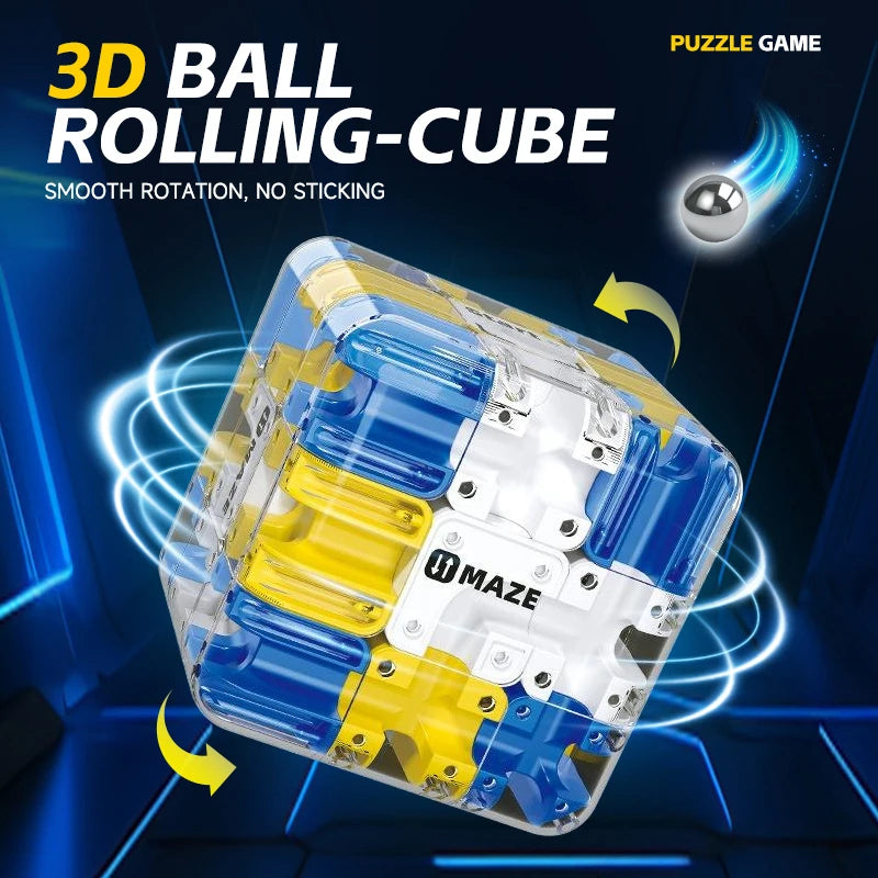 A clear 3D ball rolling cube with blue and yellow components is shown rotating against a dark background.