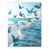 A close-up of blue butterflies flying over the ocean water, suitable for a diamond painting kit.