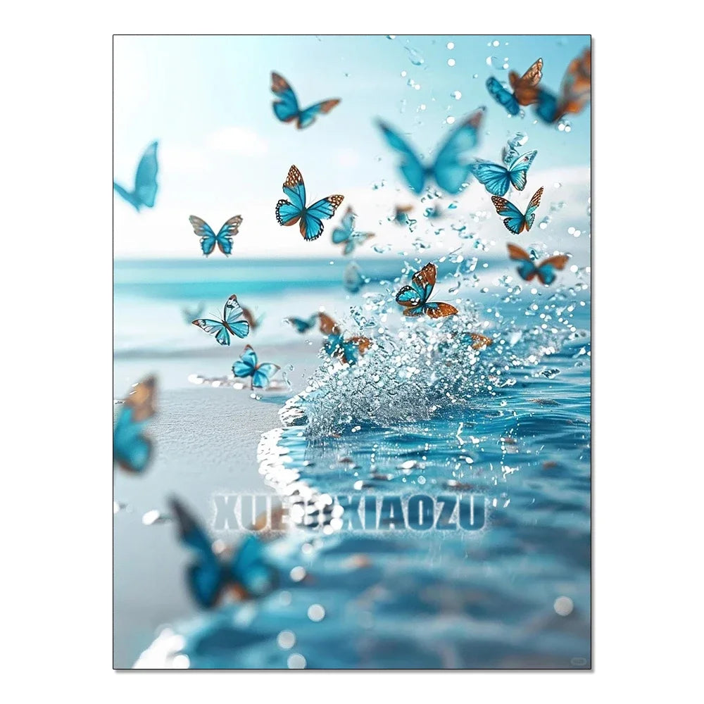 A close-up of blue butterflies flying over the ocean water, suitable for a diamond painting kit.