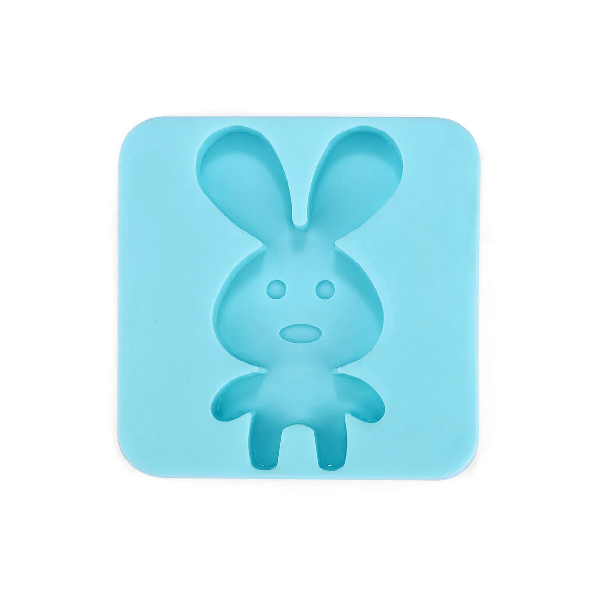 A light blue silicone mold shaped like a bunny for a DIY craft kit.