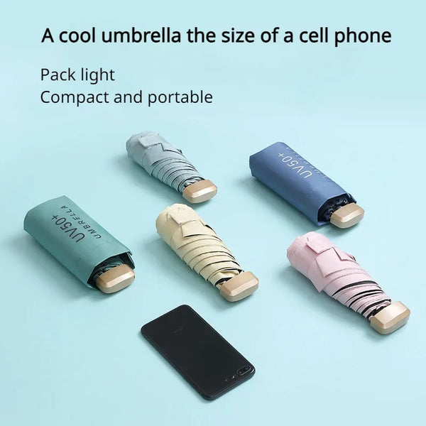 A compact 5-fold umbrella packaged in a cell phone size, shown next to a smartphone.