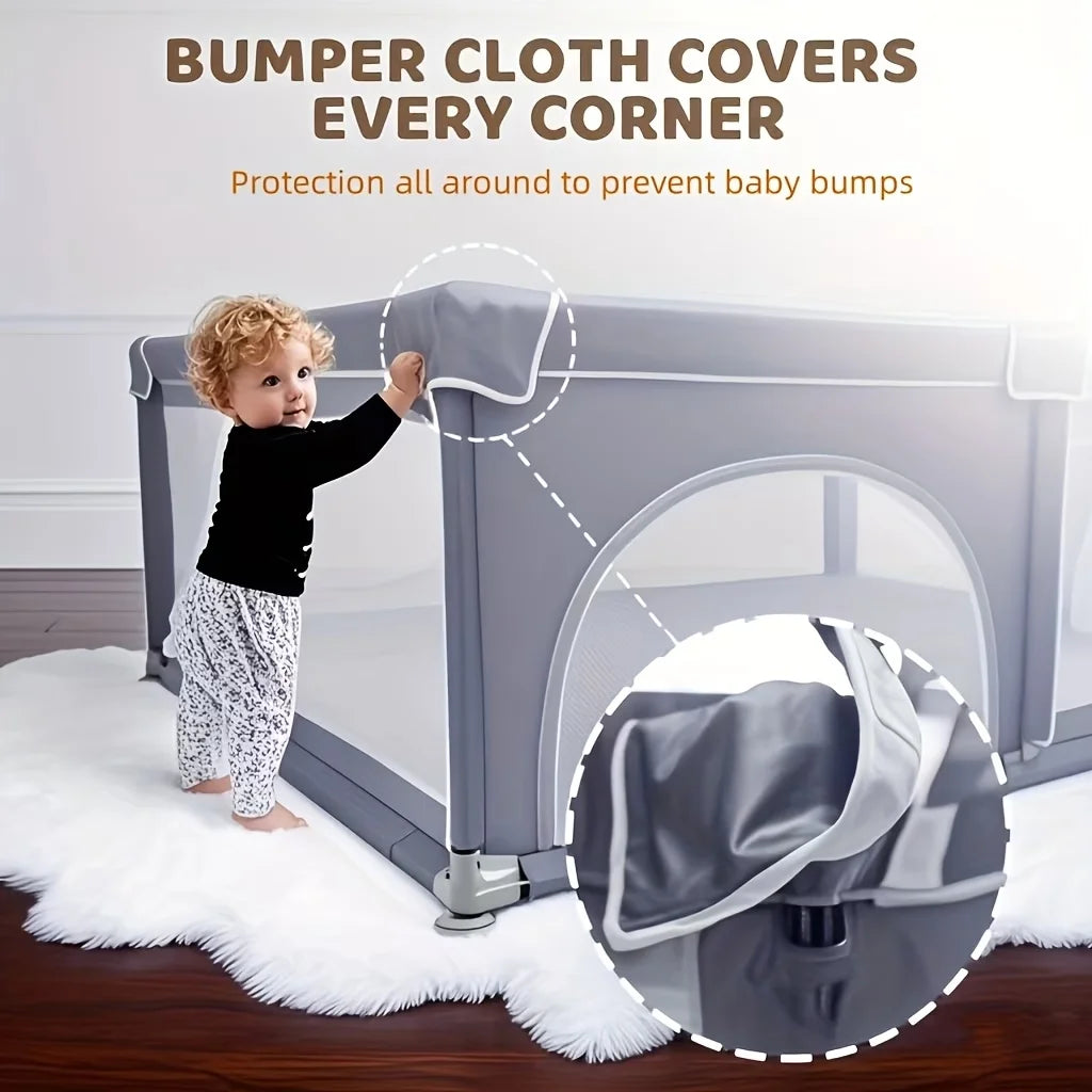 A baby playpen with bumper cloth covers, showing protection for corners and edges.