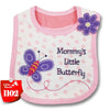 A pink baby feeding bib with a purple butterfly design on a white background.