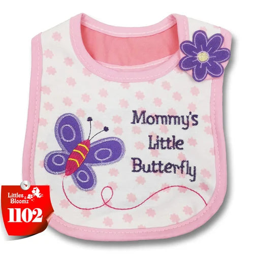 A pink baby feeding bib with a purple butterfly design on a white background.
