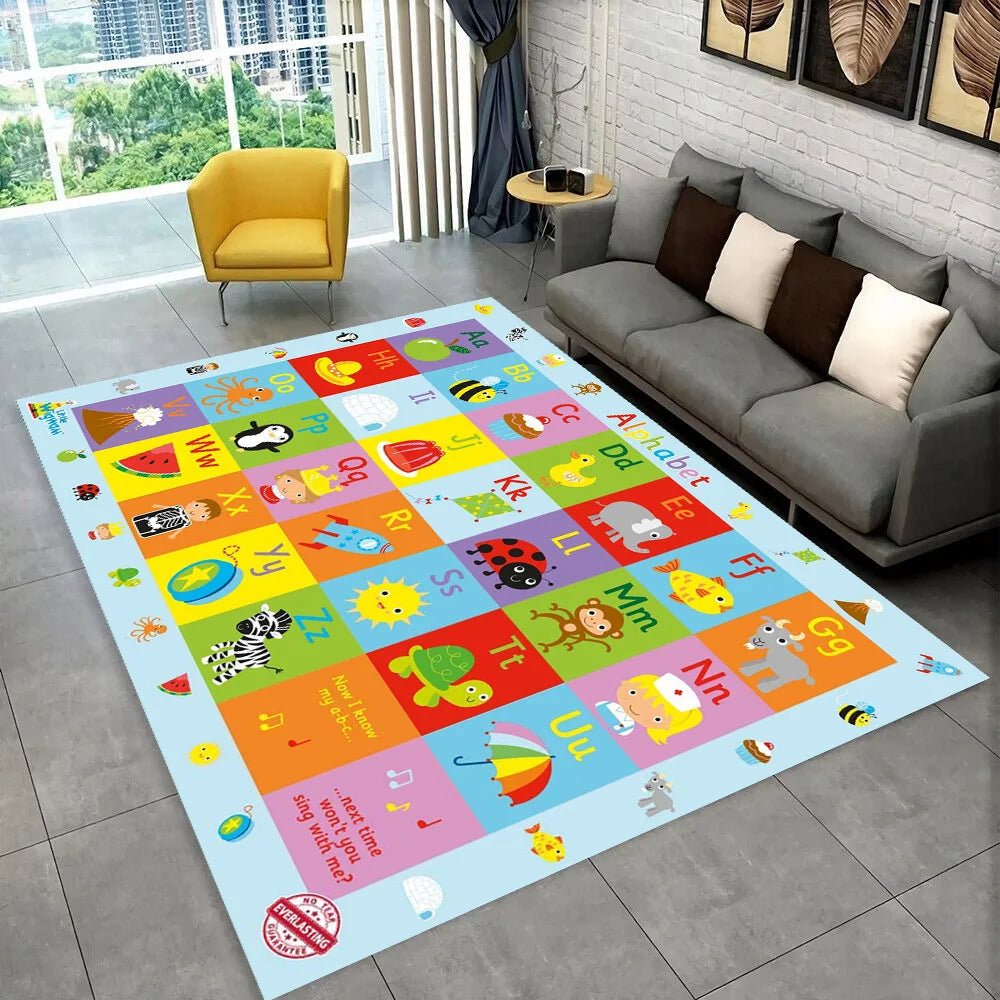 A colorful alphabet rug featuring cartoon letters and animals for a kids playroom or nursery.