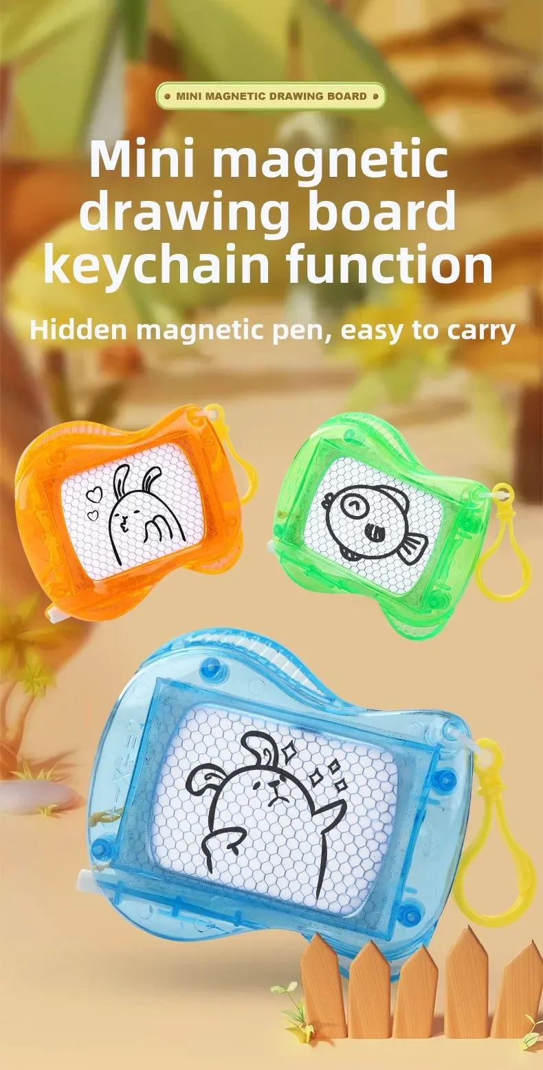 A set of mini magnetic drawing boards in orange, green, and blue plastic with attached keychains.
