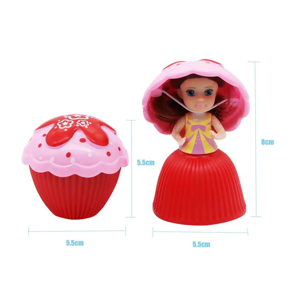 A pink and red transformable scented cupcake princess doll with a ruffled dress and face