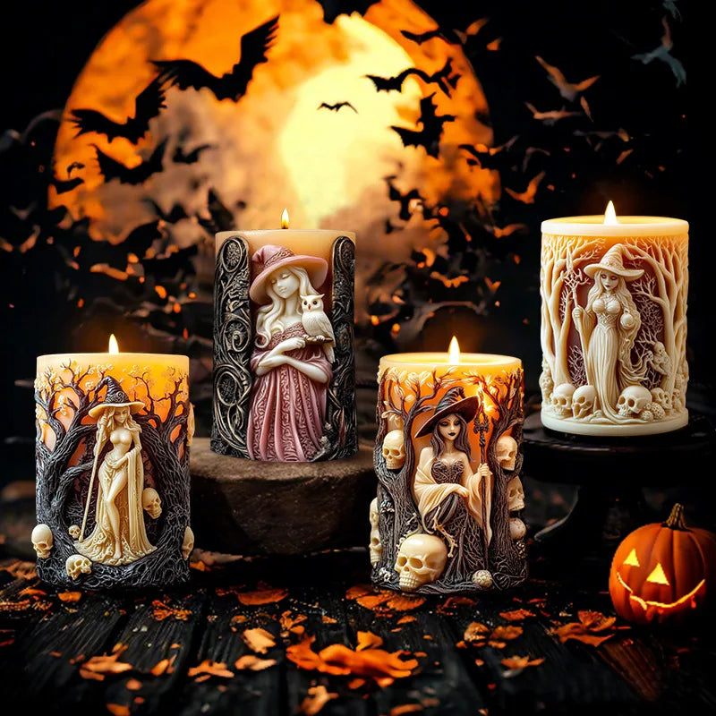 A candle display featuring silicone molds of witch portraits and skulls set against a dark background with bats flying near a