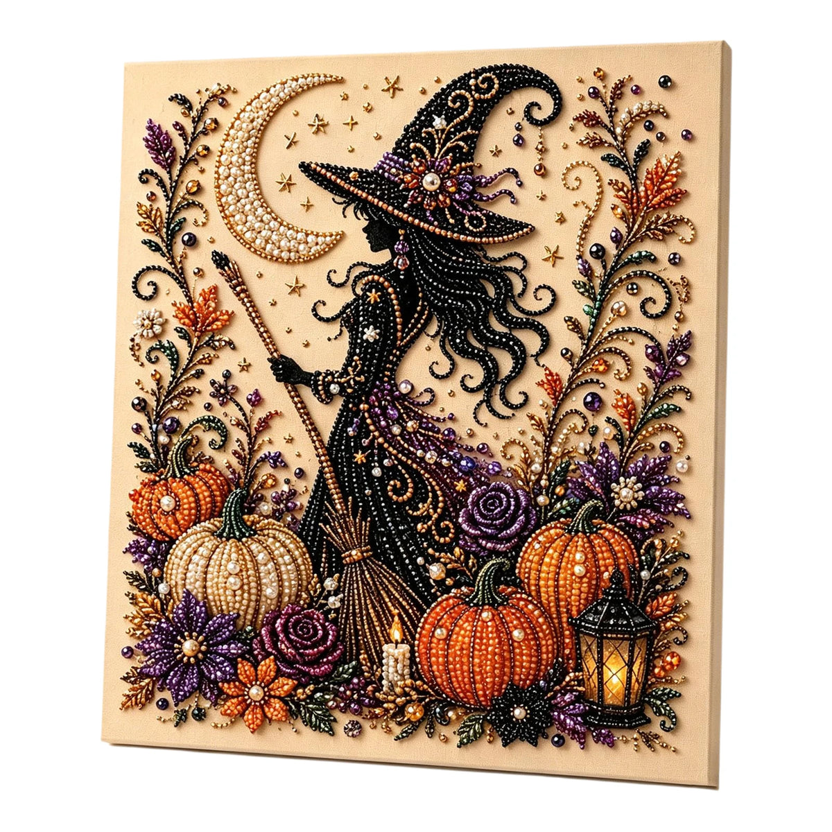 A framed canvas featuring a detailed diamond painting design of a witch silhouette with a crescent moon and autumn foliage.