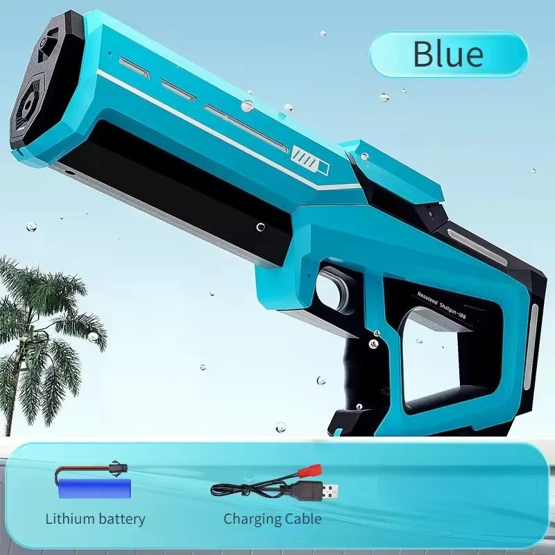 Blue high-pressure electric water gun with a lithium battery and charging cable