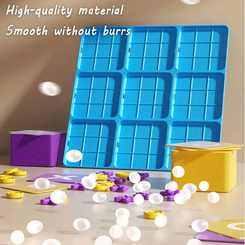 A blue Tic Tac Toe board game is shown with magnetic pieces scattered on a white surface.