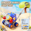 A dinosaur bubble light cart toy featuring a bright blue dinosaur body and yellow bubble lights on stable wheels.