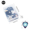 A clear plastic container holding 100 guitar picks in assorted thicknesses with a leather holder.