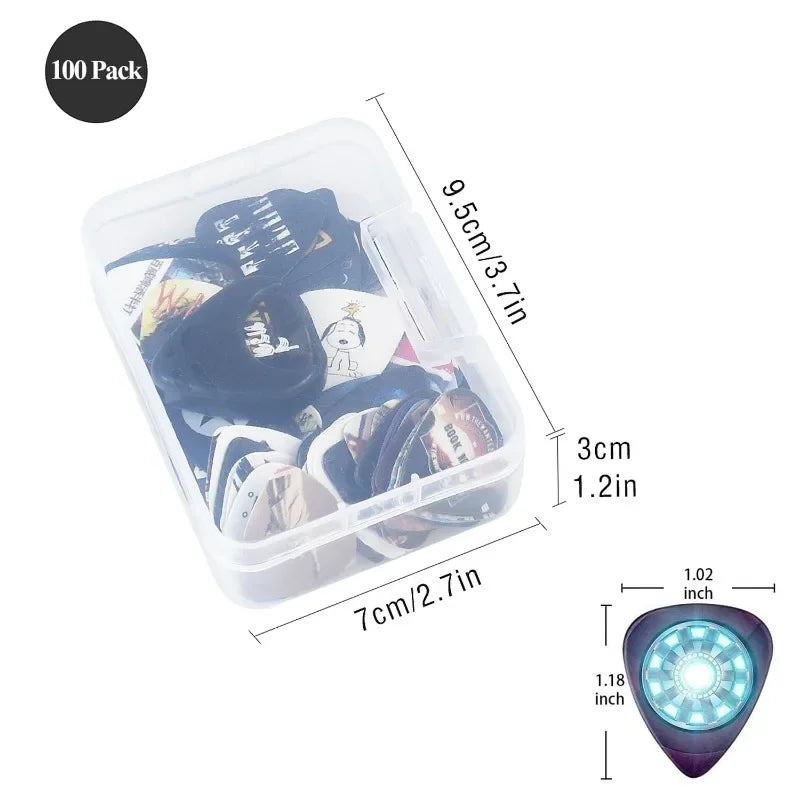 A clear plastic container holding 100 guitar picks in assorted thicknesses with a leather holder.