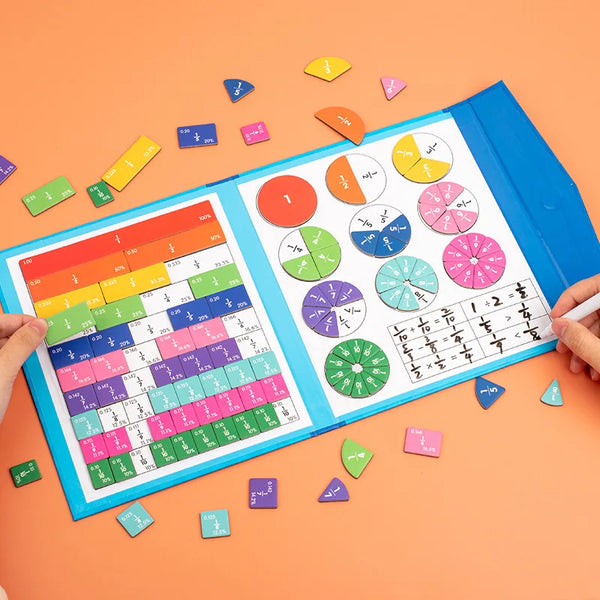 A blue wooden fraction book is open, displaying various colored fraction pieces and charts for early math learning.