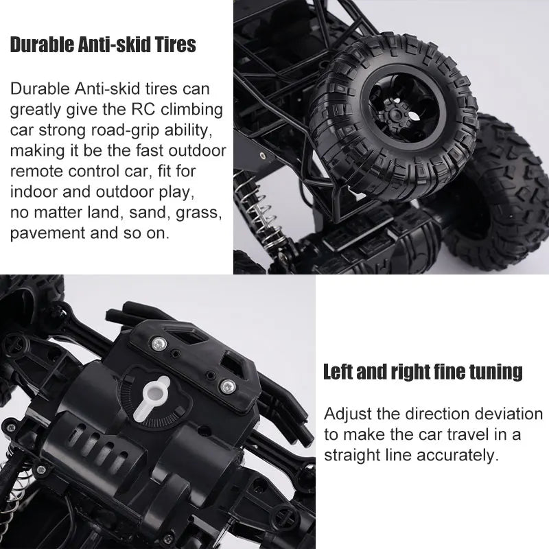 Close-up of a black 4WD off-road monster truck with fine tuning adjustments for straight line travel.