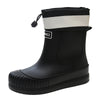 Black waterproof rain boots with a white stripe and black sole.