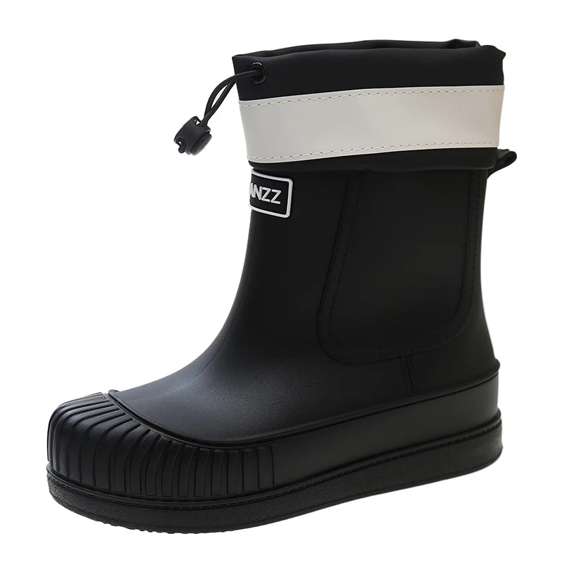 Black waterproof rain boots with a white stripe and black sole.