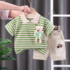 A green and white striped kids' summer outfit set featuring a short-sleeved shirt and matching shorts.