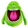 A bright green plush toy of a ghost with a wide open mouth showing white teeth and a pink tongue.