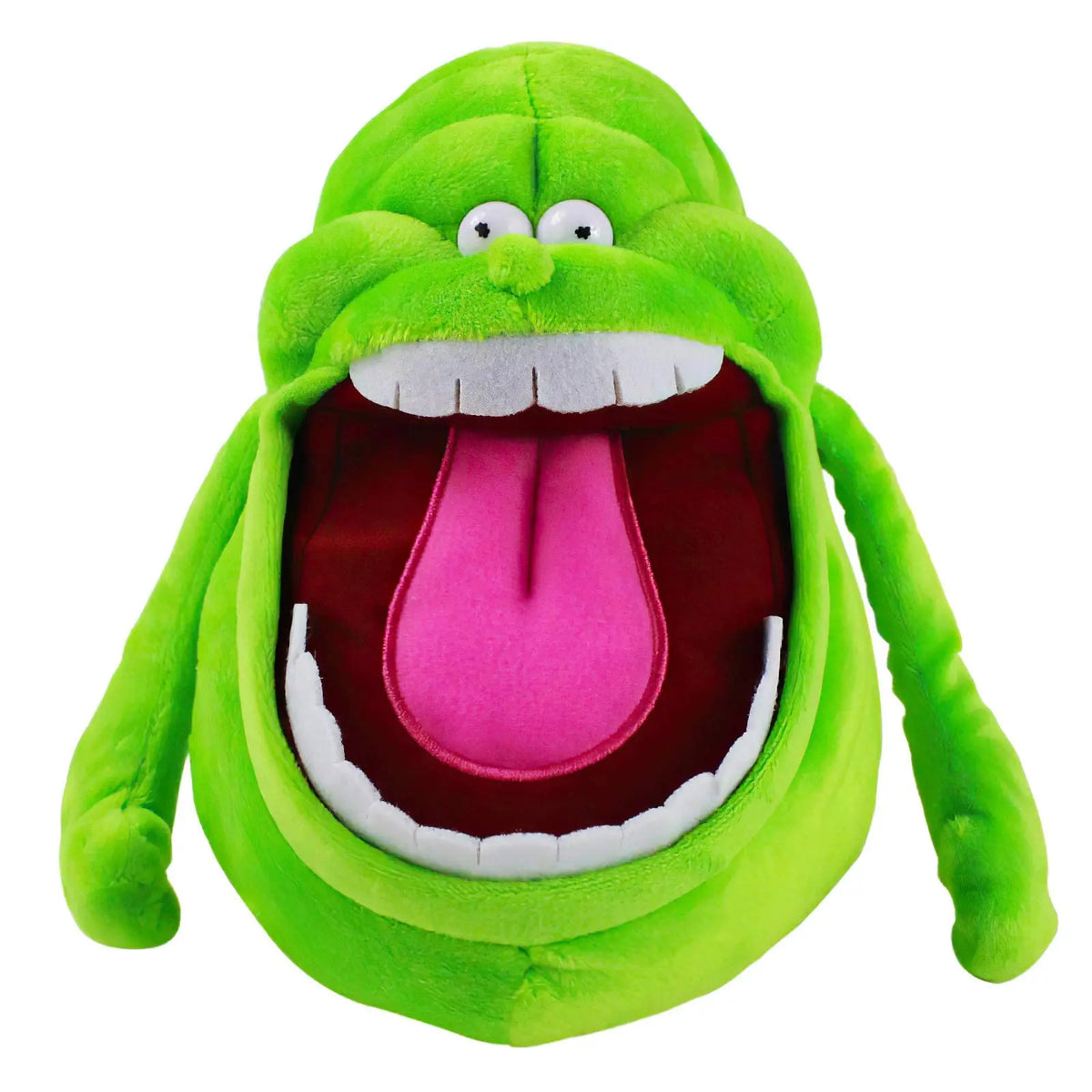 A bright green plush toy of a ghost with a wide open mouth showing white teeth and a pink tongue.