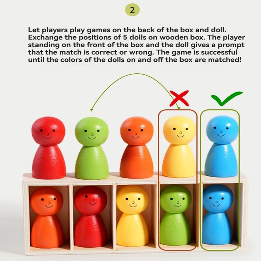 A set of five wooden dolls in various colors are arranged in compartments for color matching games.