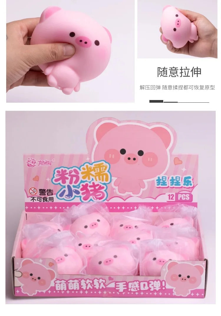 A pink squishy pig stress relief toy is shown being held by a hand, along with packaged squishies.
