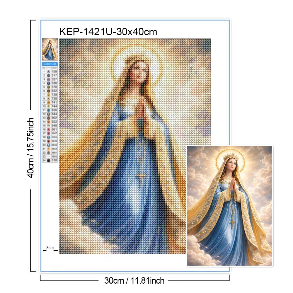 Diamond painting of Jesus and Virgin Mary with golden halo and flowing robes