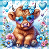 A fluffy brown calf with a blue bow and heart-shaped sunglasses surrounded by colorful flowers and sparkles.